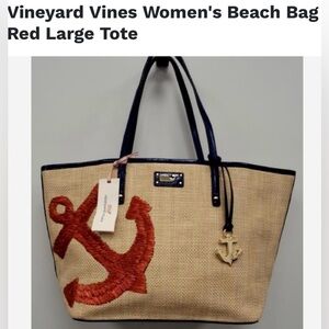 Vineyard Vines Natural Straw Tote with Red Anchor and Navy Trim